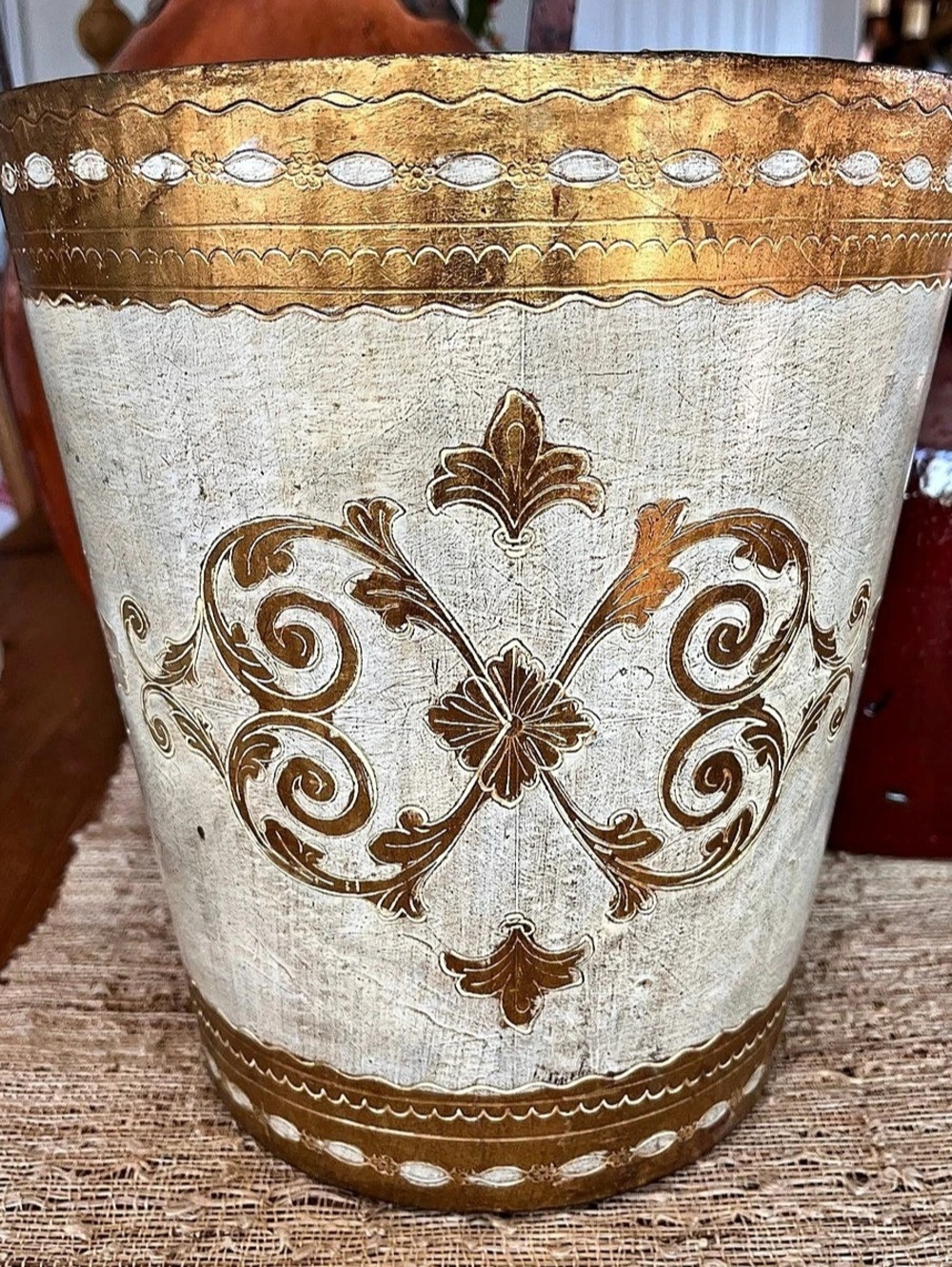 Vintage MCM Florentine Gilt Trash Can Waste Basket 10โ Gold & White Cream Italy